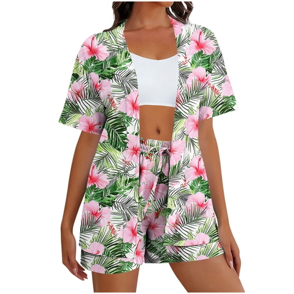 Enjoytime Two Piece Sets for Women Summer Hawaiian Print Short Sleeve Button Down Shirt Shorts Lounge Set Tropical Beach Vacation Outfits