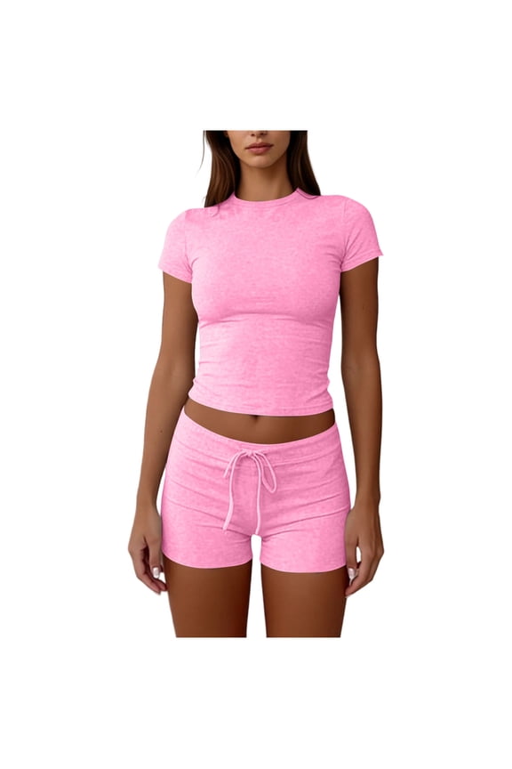 Two Piece Sets for Women Summer Round Neck Short Sleeve Crop Tops with Shorts Matching Sets Summer Travel Casual Outfits