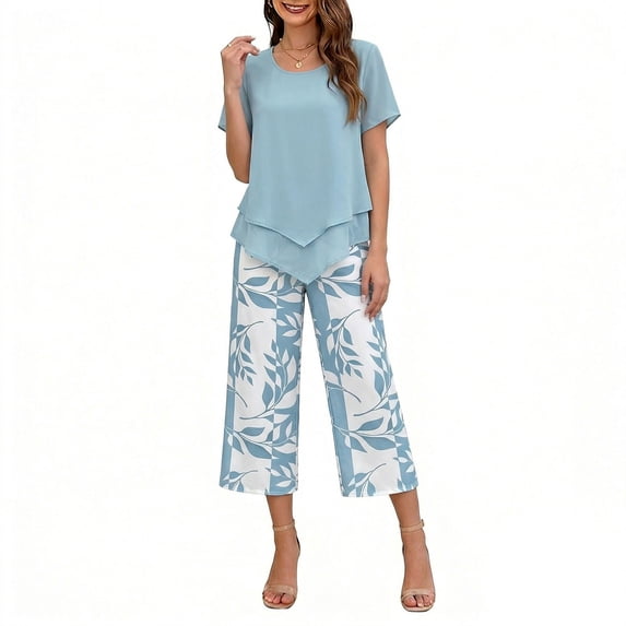 Enjoytime Two Piece Sets for Women Summer Short Sleeve Tops and Print Capri Pants Lounge Set Summer Vacation Travel Outfits