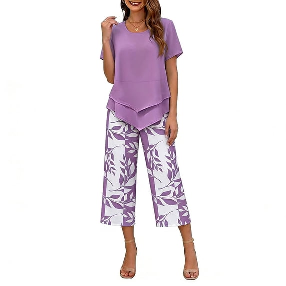 Enjoytime Two Piece Sets for Women Summer Short Sleeve Tops and Print Capri Pants Lounge Set Summer Vacation Travel Outfits