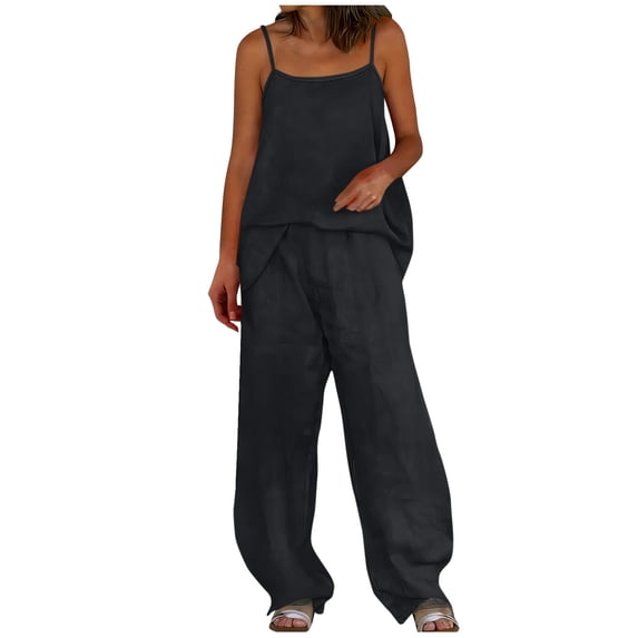 Enjoytime Two Piece Sets for Women Summer Vacation Beach Travel Outfits Spaghetti Strap Tank Tops with Pants Loungewear Set
