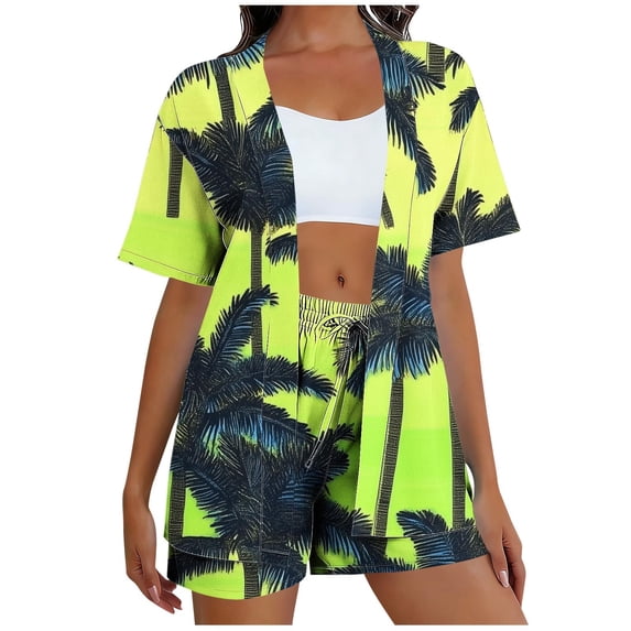 Enjoytime Two Piece Sets for Women Tropical Printed Short Sleeve Shirts with Shorts Resort Wear Casual Hawaiian Beach Vacation Outfits