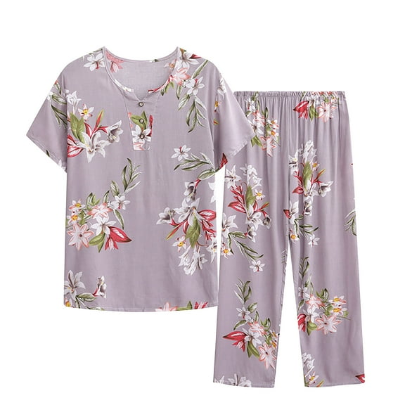 Enjoytime Two Piece Short Sleeve Pajamas for Women Set Casual 2 Piece Lounge Pj Shorts Set Floral Printed Plus Size Lounge Set