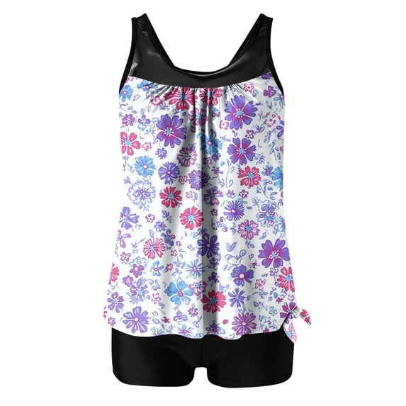 Enjoytime Two Piece Swimsuit for Women Floral Printed Tummy Control Bathing Suits Sporty Modest Tankini Tops with Shorts
