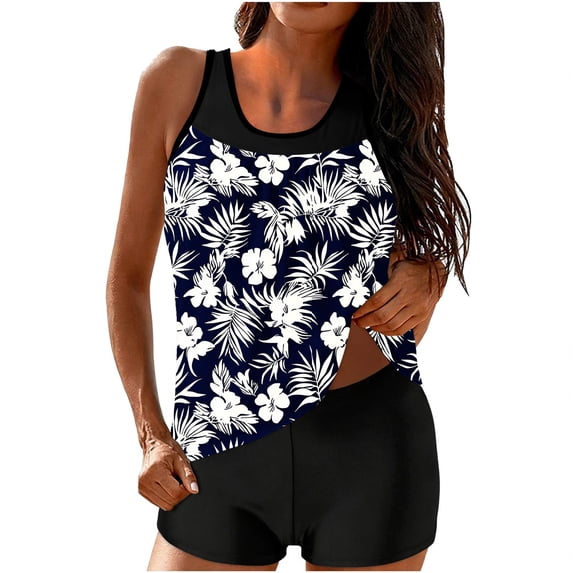 Enjoytime Two Piece Swimsuit for Women Floral Printed Tummy Control Tankini Bathing Suits Modest Athletic Swimwear with Shorts