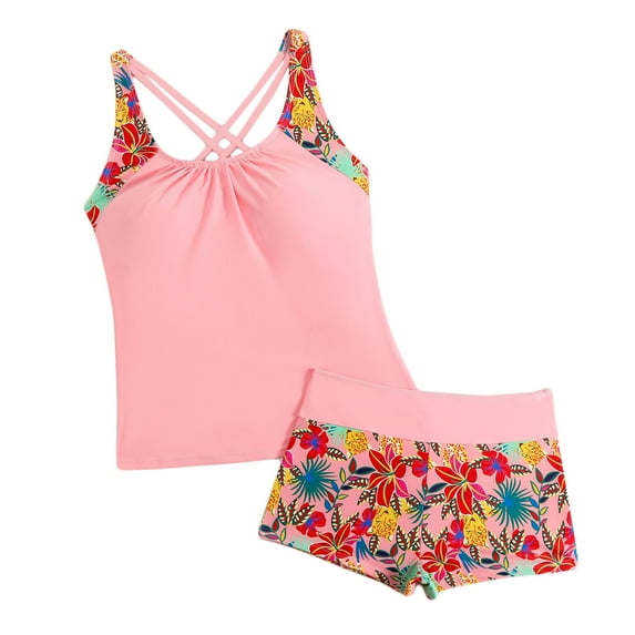 Enjoytime Two Piece Swimsuit for Women Printed Crisscross Back Tummy Control Tankini Swimsuits Athletic Modest Swimwear with Shorts