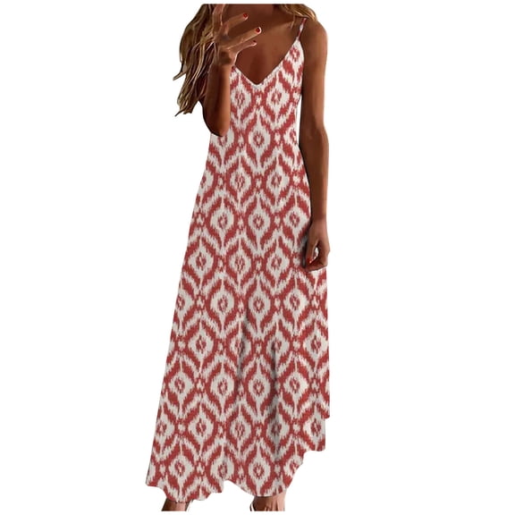 Enjoytime V Neck Sundresses For Women Plus Size Boho Printed Beach Dress Spaghetti Strap Loose Soft Flowy Summer Maxi Dress For Women