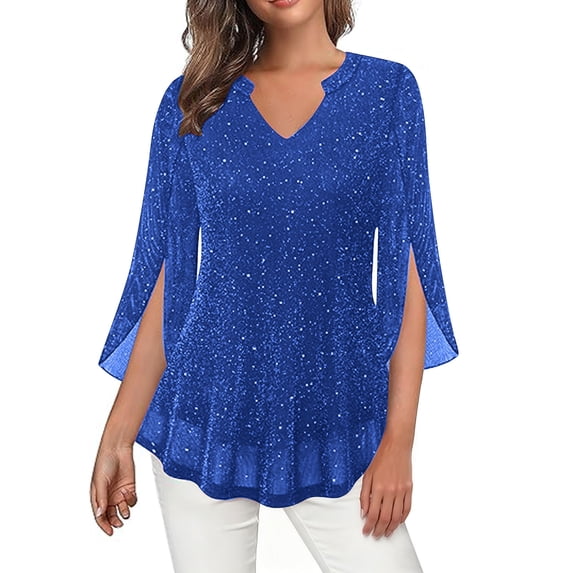 Enjoytime Shirts for Women Solid Color V-Neck 3/4 Sleeve Blouse Mesh Gold Foiled Sparkling Casual Party Tops