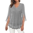 thumbnail image 1 of Enjoytime V Neck Tops for Women Solid Color Color 3/4 Sleeve Trendy Shirts Sparkling Party Gathering Dressy Blouse Silver M, 1 of 7