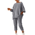 thumbnail image 1 of Enjoytime Vacation Outfits for Women Solid Color Round Neck Loose Pullover Sweatshirt Sweatpants Sweatsuits Fall Winter Fashion Lounge Set, 1 of 8