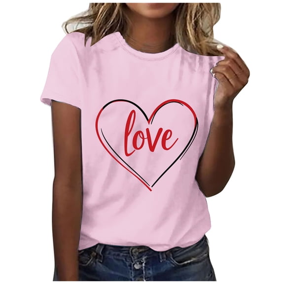 Enjoytime Valentina Womens Shirts Casual Love Heart Printed Crewneck Short Sleeve Blouses Party Holiday Fashion Plus Size Top 2026