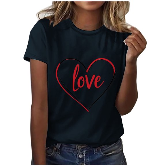 Enjoytime Valentina Womens Shirts Casual Love Heart Printed Crewneck Short Sleeve Blouses Party Holiday Fashion Plus Size Top 2026