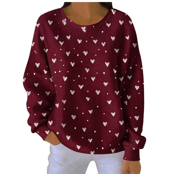 Enjoytime Valentine Womens Sweatshirt Lover Heart Printed Long Sleeve Crewneck Sweatshirt Casual Vintage Loose Plus Size Tops Red XXXL