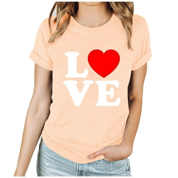 Enjoytime Valentine's Blouses for Women Trendy Lover Heart Graphic Round Neck Short Sleeve Tops Trendy Fashion Plus Size Shirts Beige L
