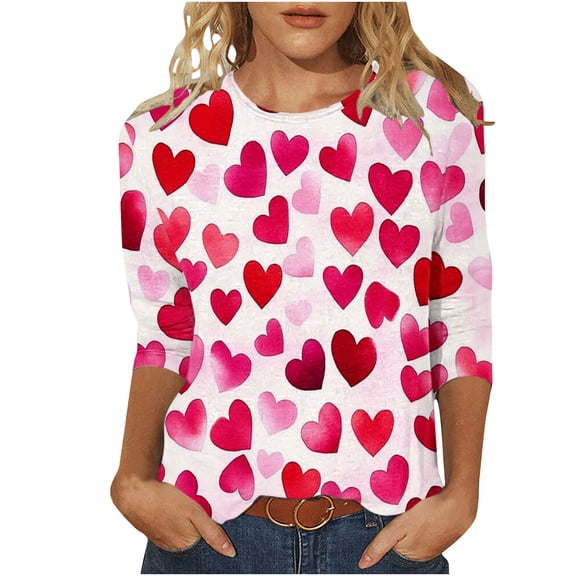 Enjoytime Valentine's Cute Shirts for Women Heart Printed Crewneck Plus Size Tops Fashion Casual 3/4 Sleeve Shirt