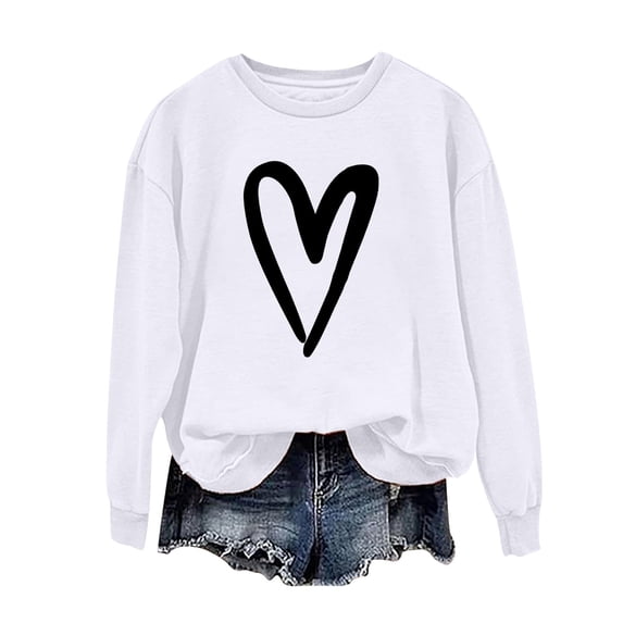 Enjoytime Valentine's Day Crewneck Sweatshirts Women Plus Size Cute Heart Print Long Sleeve Drop Shoulder Pullover Comfy Homewear Streetwear Fashion Shirts Clothes for Women on Clearance