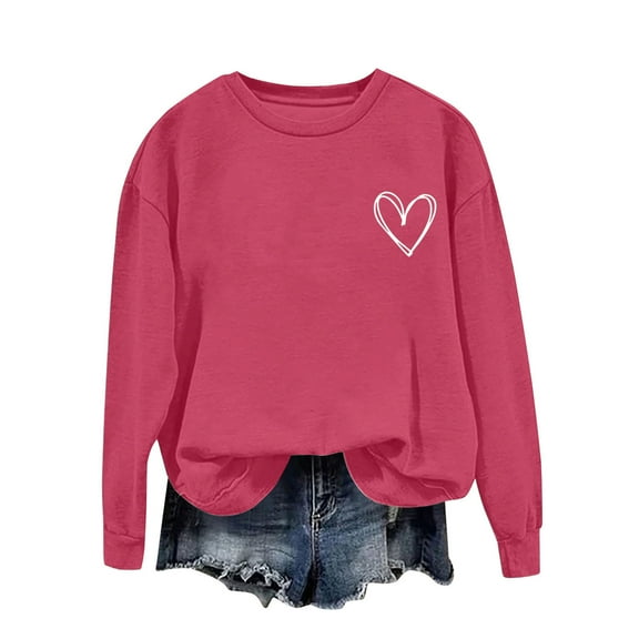 Enjoytime Valentine's Day Ladies Sweatshirts Heart Graphic Long Sleeve Crewneck Pullover Tops Casual Cute Fashion Sweatshirt Hot Pink S