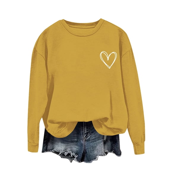 Enjoytime Valentine's Day Ladies Sweatshirts Heart Graphic Long Sleeve Crewneck Pullover Tops Casual Cute Fashion Sweatshirt Yellow XXL
