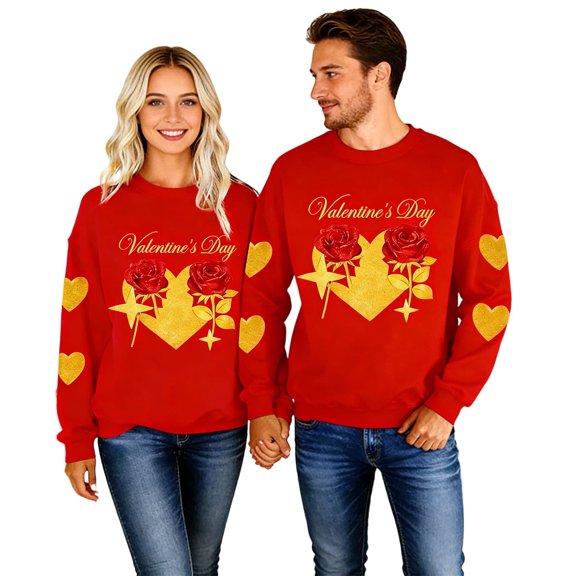 Enjoytime Valentine's Day Matching Sweatshirts for Couples Heart Printed Long Sleeve Crewneck Sweatshirt Funny Casual Holiday Tops