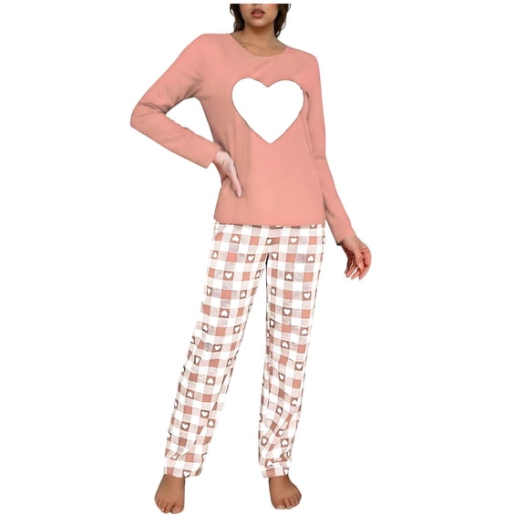 Enjoytime Valentine's Day Pajamas for Women Set Heart Print Crew Neck Long Sleeve Tops Pants 2 Piece Sleepwear Casual Comfy Loungewear