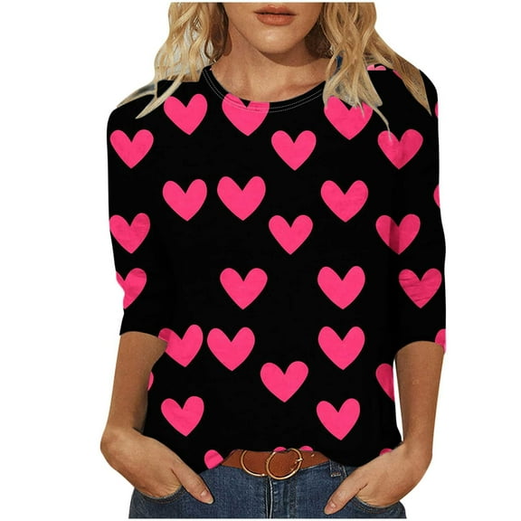 Enjoytime Valentine's Day Shirts for Women Hearts Printed Round Neck 3/4 Sleeve Blouse Fashion Trendy Casual Plus Size Tops Black M