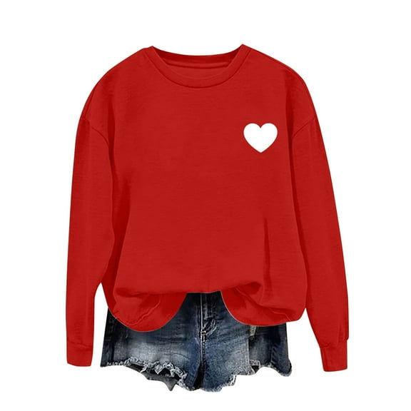 Enjoytime Valentine's Day Sweatshirts for Women Trendy Printed Long Sleeve Crewneck Pullover Tops Casual Loose Fashion Clothing Red S