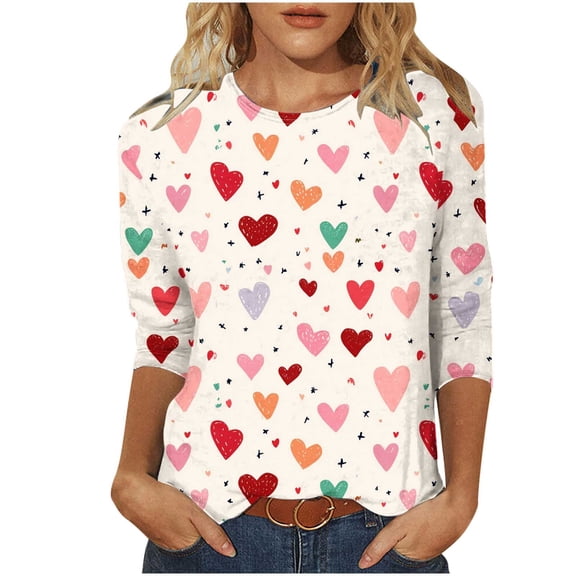 Enjoytime Valentine's Day Women Shirts Hearts Printed Round Neck 3/4 Sleeve Blouses Fashion Trendy Casual Women Plus Size Tops Khaki L