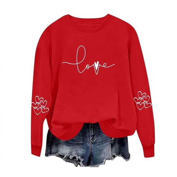Enjoytime Valentine's Day Women's Sweatshirts Cute Heart Printed Crewneck Long Sleeve Tops Casual Loose Plus Size Blouse Red XXXL