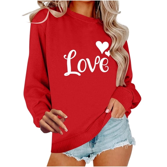 Enjoytime Valentine's Day Womens Sweat Shirts Cute Heart Printed Crewneck Sweatshirt Casual Loose Long Sleeve Plus Size Women Blouses Red XXXL