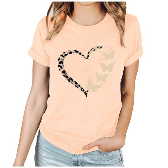 Enjoytime Valentine's Shirts Women Lover Heart Graphic Round Neck Short Sleeve Blouses Plus Size Fashion Trendy Tops Beige XL