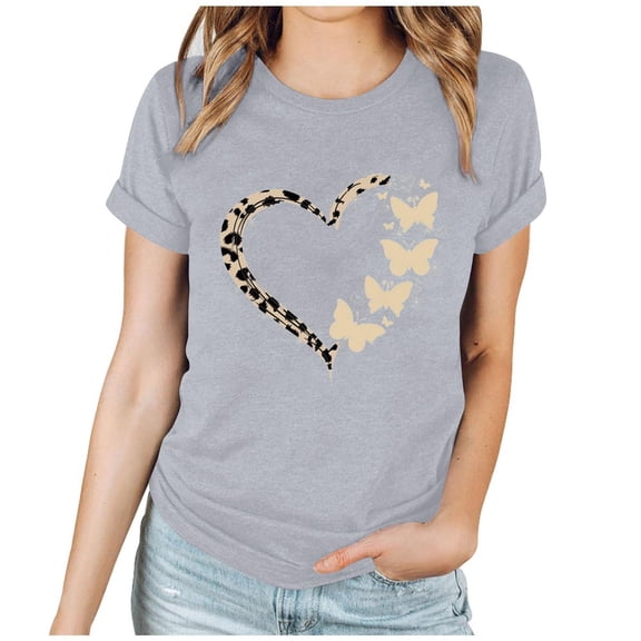 Enjoytime Valentine's Shirts Women Lover Heart Graphic Round Neck Short Sleeve Blouses Plus Size Fashion Trendy Tops Gray XXL