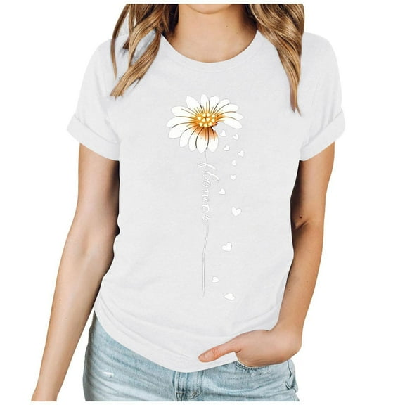 Enjoytime Valentine's Shirts for Women Lover Heart Graphic Round Neck Short Sleeve Tops Trendy Fashion Blouse Plus Size Clothing White XL