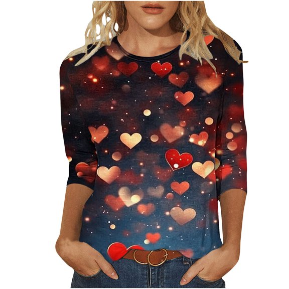 Enjoytime Valentine's Spring Shirts for Women 2026 Heart Graphic Crewneck 3/4 Sleeve Tops Fashion Casual Lightweight Plus Size Blouse
