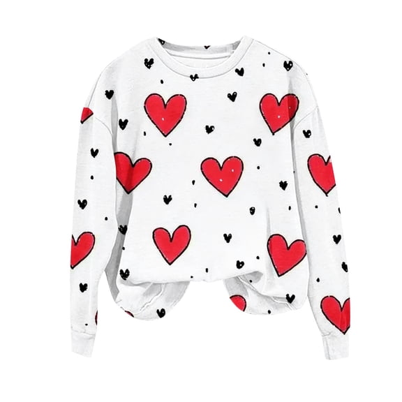 Enjoytime Valentine's Sweatshirts for Women Cute Heart Printed Crewneck Long Sleeve Tops Trendy Loose Casual Blouses 2026 White XL