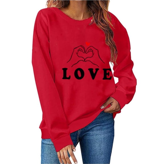 Enjoytime Valentine's Women's Sweatshirt Heart Printed Crewneck Long Sleeve Shirt Trendy Cute Casual Pullover Tops Red XL