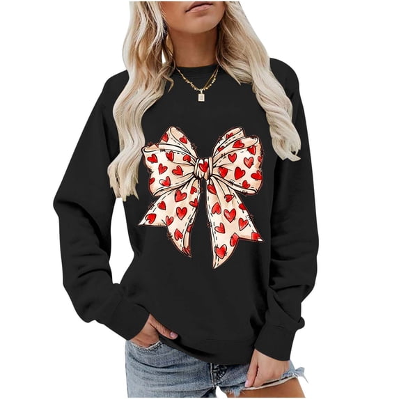 Enjoytime Valentine's Womens Long Sleeve Tops Heart Printed Long Sleeve Blouse Trendy Cute Casual Crewneck Pullover Sweatshirts Black XL