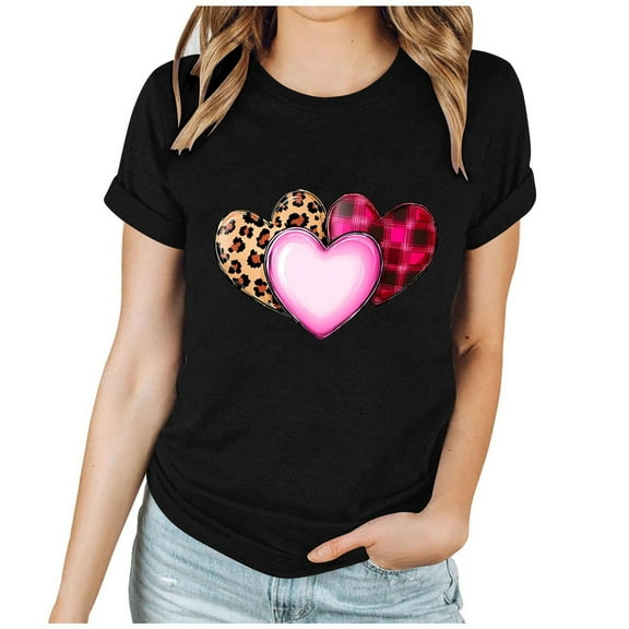 Enjoytime Valentine's Womens Shirts Lover Heart Graphic Round Neck Tops Trendy Fashion Short Sleeve Plus Size Blouses Black L