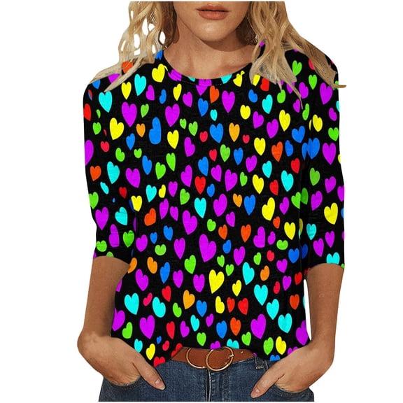Enjoytime Valentine's Womens Tops Casual Heart Graphic Crewneck 3/4 Sleeve Shirts Fashion Lightweight Plus Size Blouses