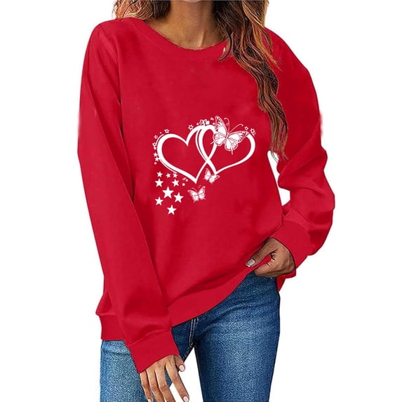 Enjoytime Valentines Cute Sweatshirts for Women Lover Heart Print Crewneck Long Sleeve Shirt Lightweight Casual Pullover Tops Red L