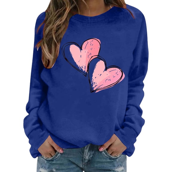Enjoytime Valentines Day Crewneck Sweatshirts Women Heart Printed Long Sleeve Blouses Cute Loose Casual Pullover Tops Blue M