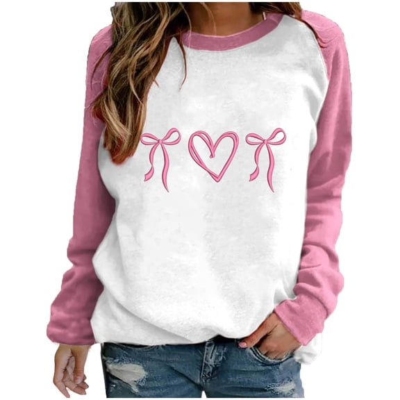 Enjoytime Valentines Day Cute Tops for Women Heart Print Long Sleeve Shirts Fashion Casual Pullover Crewneck Sweatshirt Pink S