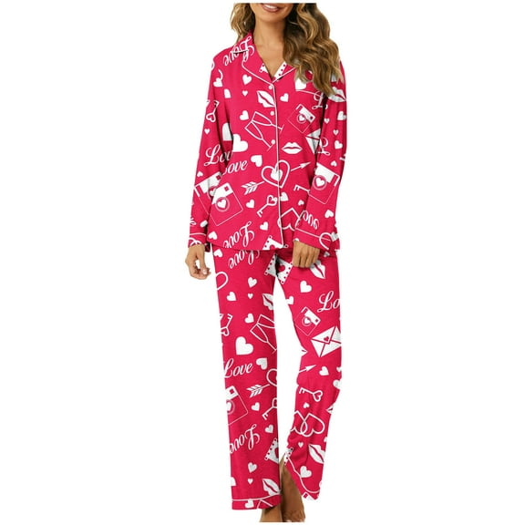 Enjoytime Valentines Day Gifts Long Sleeve Pajamas for Women Set Casual 2 Piece Lounge Pj Set Comfy Plus Size Lounge Set