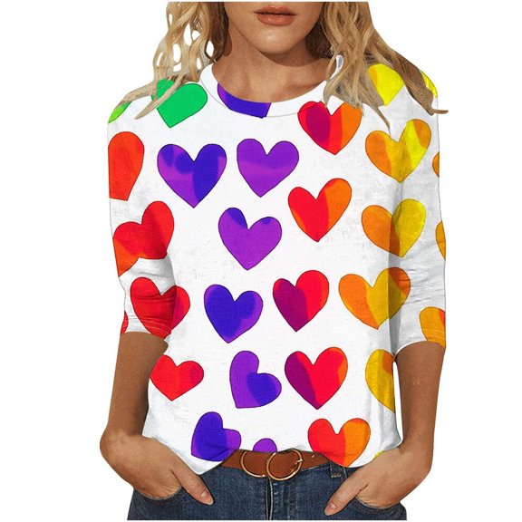 Enjoytime Valentines Day Shirt for Women Heart Printed Crewneck 3/4 Sleeve Blouses Fashion Casual Loose Plus Size Tops Yellow M