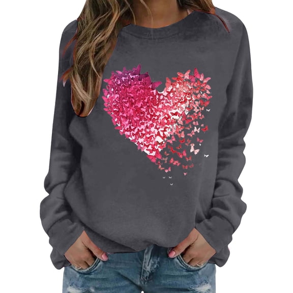 Enjoytime Valentines Day Sweatshirt for Women Heart Printed Crewneck Long Sleeve Tops Cute Loose Casual Pullover Sweatshirts Dark Gray M
