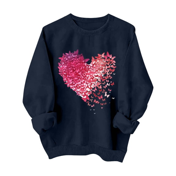 Enjoytime Valentines Day Sweatshirt for Women Heart Printed Crewneck Long Sleeve Tops Cute Loose Casual Pullover Sweatshirts Navy XL