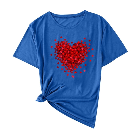 Enjoytime Valentines Day Women Shirts Heart Printed Round Neck Short Sleeve Tops Fashion Trendy Loose Casual Plus Size Blouse Blue M