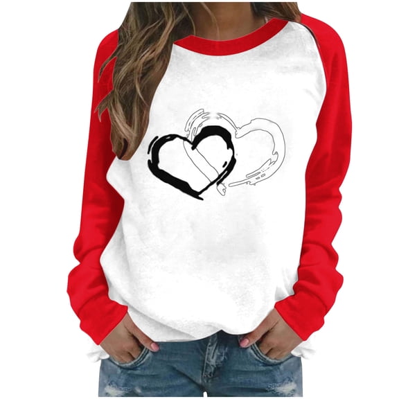 Enjoytime Valentines Day Women's Sweatshirt Heart Print Crewneck Long Sleeve Shirts Fashion Casual Cute Pullover Tops White XL