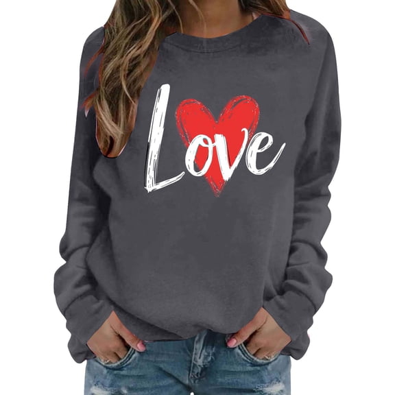 Enjoytime Valentines Day Womens Sweatshirt Heart Printed Crewneck Long Sleeve Shirts Cute Loose Casual Pullover Tops Dark Gray XXL