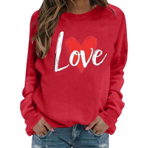 Enjoytime Valentines Day Womens Sweatshirt Heart Printed Crewneck Long Sleeve Shirts Cute Loose Casual Pullover Tops Red XL