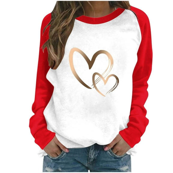 Enjoytime Valentines Day Womens Sweatshirts Heart Print Crewneck Pullover Tops Fashion Casual Cute Long Sleeve Shirts Khaki S